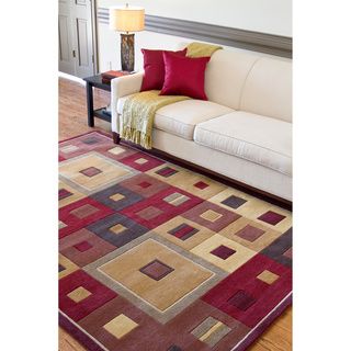 Hand tufted Contemporary Red/brown Geometric Square Mayflower Burgundy Wool Abstract Rug (6 X 9)