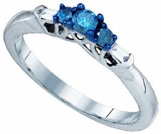 Ladies 10K White Gold .27ct Blue Diamond 3 stone Engagement Ring Jewelry