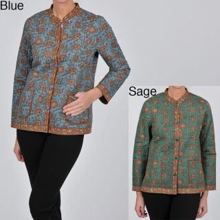 La Cera La Cera Womens Plus Size Quilted Floral print Mandarin Collar Jacket Green Size 1X (14W  16W)