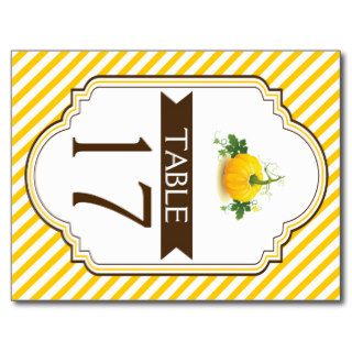 Pumpkin yellow, brown fall wedding table number post card