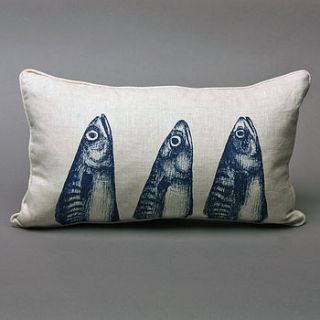hand printed three mackerel cushion by cream cornwall