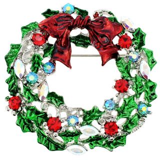 Silvertone Crystal Holiday Wreath and Red Bow Brooch Brooches & Pins