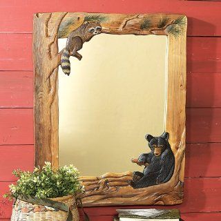 Bear & Raccoon Carved Wood Mirror   Window Dressing Hardware  