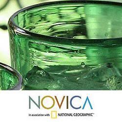 Set of 6 Blown Glass 'Emerald Angles' Drinking Glasses (Mexico) Novica Glassware
