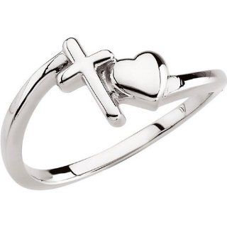 14K White Gold Ring Polished Cross Heart Ladies Filigree Design Christian Jewelry