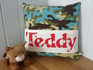 personalised camoflage cushion by kindred rose