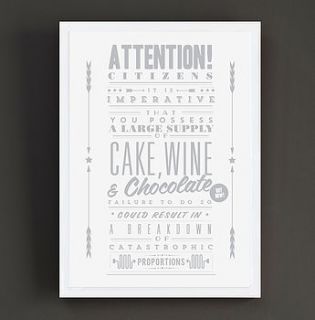 'cake, wine & chocolate' notice art print by rock the custard