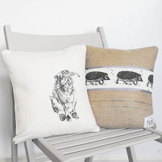 hare and hedgehog cushion by whinberry & antler