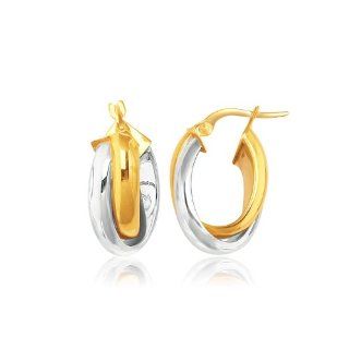 14K Two Tone Gold Double Row Intertwined Oval Hoop Earrings Jewelry