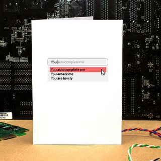 'you auto complete me' geeky romantic card by geek cards for the love of geek