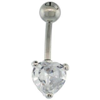 Surgical Steel Barbell Belly Button Ring w/ 8mm Clear Heart shaped CZ Stone Body Piercing Rings Jewelry