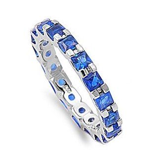 Rhodium Plated Sterling Silver Wedding & Engagement Ring Blue Sapphire CZ Eternity Band 3MM ( Size 5 to 10) Jewelry