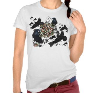 "Pagan Raven Floral Pentagram Design" Tee Shirts