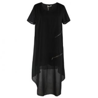 1veMoon Women's Elegant Solid Round neck Short sleeve High Low Long Dress, Black, Regular Sizing 8