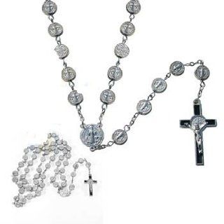 Catholic & Religious Silver Tone Saint Bendedict Exorcism Medal, St. Benedict Rosary. Men or Womens Rosary, Silver Tone. 9mm Medal Bead, 24"l. Lay Catholics Are Not Permitted to Perform Exorcisms but They Can Use the Saint Benedict Medal, Holy Wat
