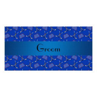 Groom gifts blue hockey pattern photo card