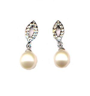 White CZ and Drop Freshwater Pearl Sterling Silver Open Marquise Dangle Pierced Earrings Jewelry