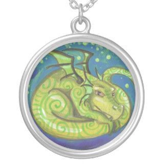 Green Swirl sleepy Dragon fantasy art necklace