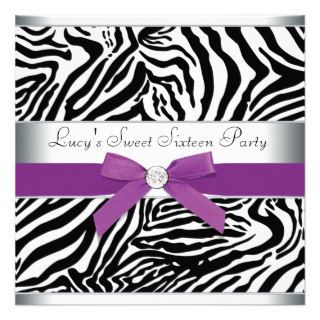 Zebra Purple Bow Purple Zebra Sweet 16 Birthday Custom Invitation