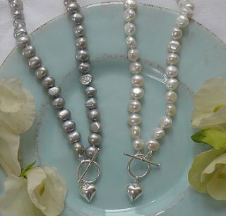 freshwater pearl necklace with puffed silver heart by lilac coast