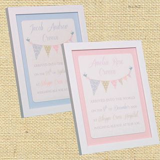 new baby personalised bunting framed print by dreams to reality design ltd