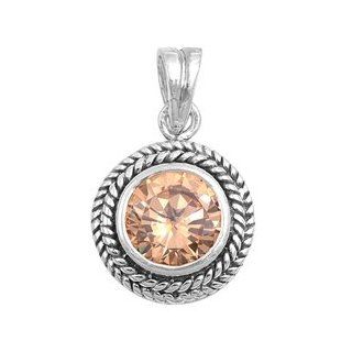 Round Bezel Champagne CZ Pendant 17MM Sterling Silver 925 Jewelry