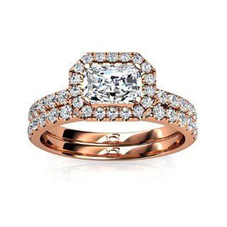 14KT Rose East West Diamond Halo Wedding Set for Radiant Cut Center Stone 1/3 CTW. This item includes a free Cubic Zirconia center in the shape shown. Jewelry