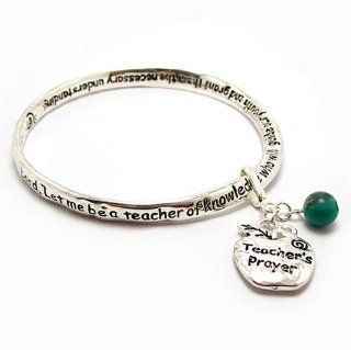 Inspirational Engraved Bangle Bracelet Silver Tone Metal with Apple Shaped Teacher's Prayer Charm and Green Stone Bead Jewelry