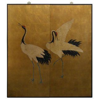 Oriental Wall Plaque   Gold Leaf Dancing Cranes (2 Panels)   Decorative Plaques