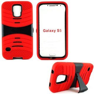 myLife (TM) Vibrant Scarlet Red and Ultra Ninja Black   Shockproof Survivor Series (Built in Kickstand + Easy Grip Ridges) 2 Piece + 2 Layer Case for NEW Galaxy S5 (5g) Smartphone By Samsung (Internal Flex Silicone Bumper Gel + Internal 2 Piece Rubberized 