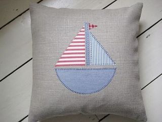 handmade linen applique boat cushion by ticketty boo