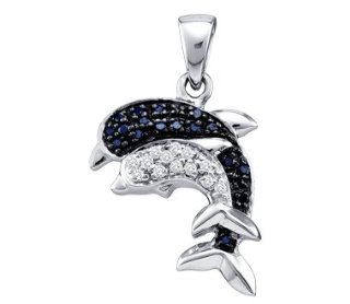 Dolphin Pendant Black & White Diamond 10k White Gold Charm (0.11 ctw) Black And White Jewelry