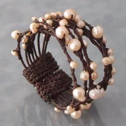 Cotton Contempo Criss Cross Wrap Pink Pearl Cuff (5 11 mm) (Thailand) Bracelets