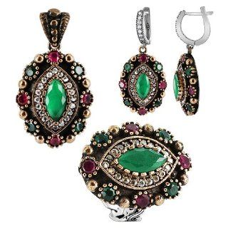 Sterling Silver Ruby and Emerald Simulated Stone Turkish Pendant Earrings and Ring Jewelry Set Jewelry