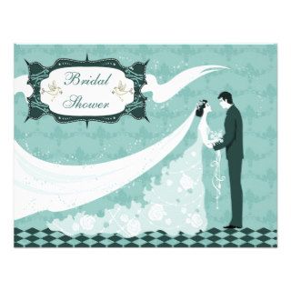Elegant Bride & Groom Teal Vector Bridal Shower Announcements