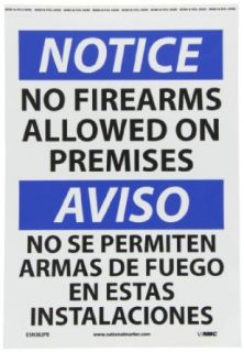 NMC ESN382PB Bilingual OSHA Sign, Legend "NOTICE   NO FIREARMS ALLOWED ON PREMISES", 14" Length x 10" Height, Pressure Sensitive Adhesive Vinyl, Black/Blue on White Industrial Warning Signs