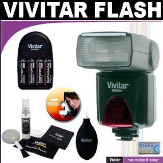 Vivitar High Power Auto Flash DF 383 with Bounce & Swivel Head + Vivitar (4) AA Batteries & Charger + Vivitar Cleaning Kit For The Nikon D40, D40x, D60, D80, D90, D200, D300, D3, D700, D5000 Digital SLR Cameras  Digital Camera Accessory Kits  Cam