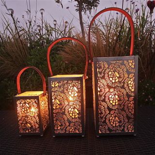 three zinc flower hurricane lanterns by london garden trading