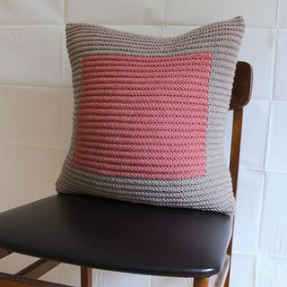 handknit ecru and rose colourblock cushion by s t r i k k handknits