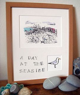 seaside and gull, handmade print by inky rose