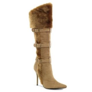 4 1/4 Tan High Heel Boots Pointed Toe Viking Costume Boots Knee High Faux Fur Shoes