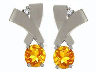 Tommaso Design Round 5mm Genuine Citrine and Diamond Earrings Stud Earrings Jewelry