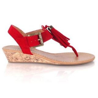 Mix Red Low Cork Wedge Thong Sandal Tassel Ankle Strap Women Shoe 7.5 Shoes