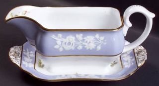 Spode Maritime Rose Blue (Scalloped) Gravy Boat with Attached Underplate, Fine C