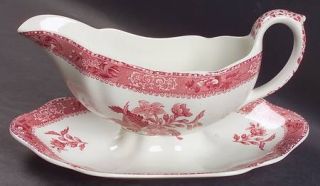 Spode Camilla Red (Earthen,Old,Red Stamp) Gravy Boat with Attached Underplate, F