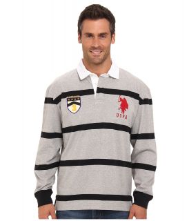 U.S. Polo Assn Long Sleeve Stripe Rugby Polo with Patch and Big Pony Logo Mens Long Sleeve Pullover (Gray)
