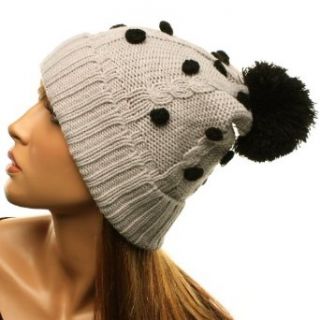 Winter 3D Polka Dots Pom Pom Cuff Cable Knit Beanie Ski Snow Hat Cap Gray Black Clothing