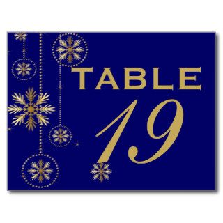 Gold snowflakes blue winter wedding table number post card