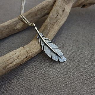 handmade silver oxidised feather pendant by caroline cowen jewellery