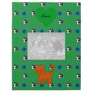 Personalized name orange cat green soccer stars jigsaw puzzles